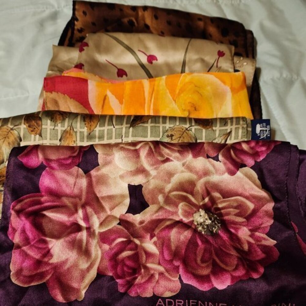 Collection of 5  scarves that are 100% Silk. New, Never worn.